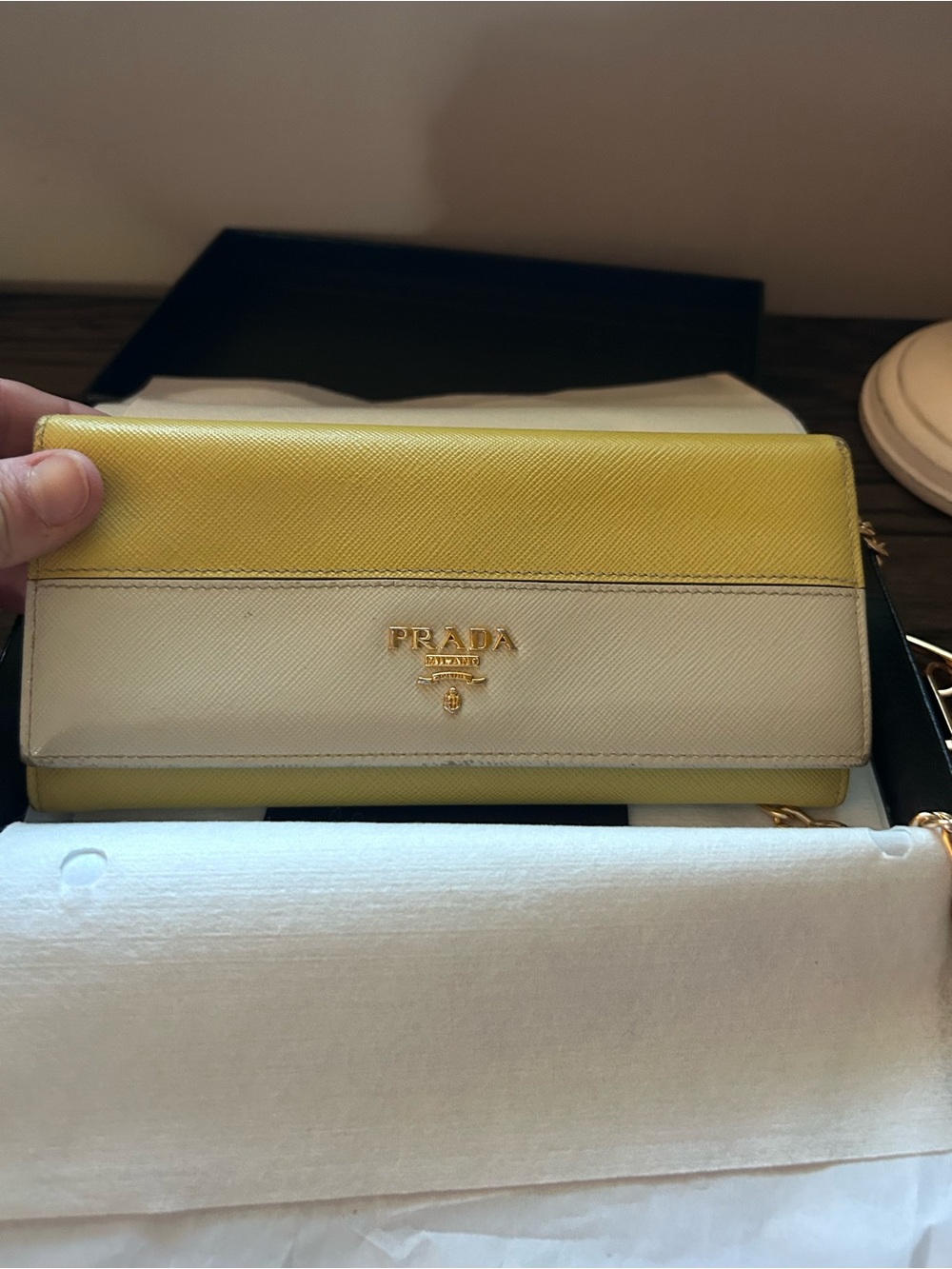 Prada Yellow and Cream Two-Tone Saffiano Shoulder Wallet